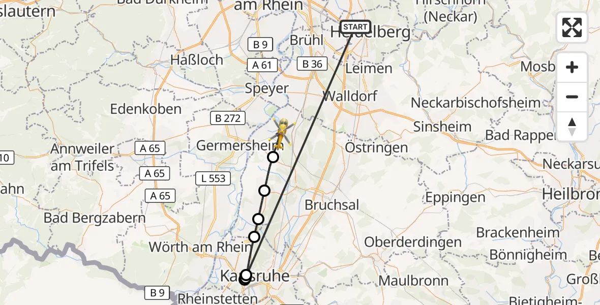 Flugroute Ambulanzhubschrauber Heidelberg - Philippsburg, 07 August 2026, 12:08