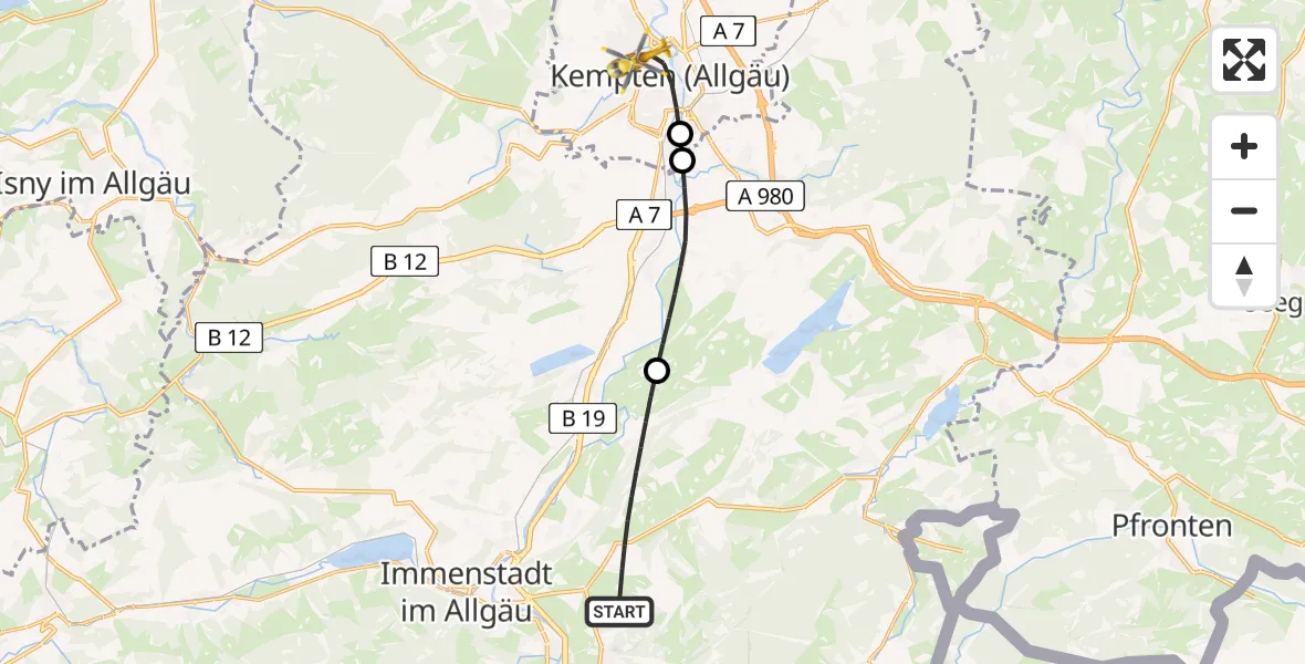Flugroute Rettungshubschrauber Rettenberg - Kempten (Allgäu), 07 August 2026, 12:08