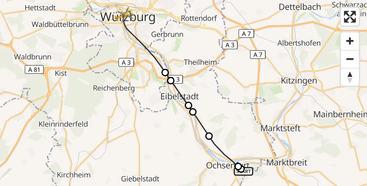 Flugroute Rettungshubschrauber Ochsenfurt Hospital - Würzburg, 07 August 2026, 12:10
