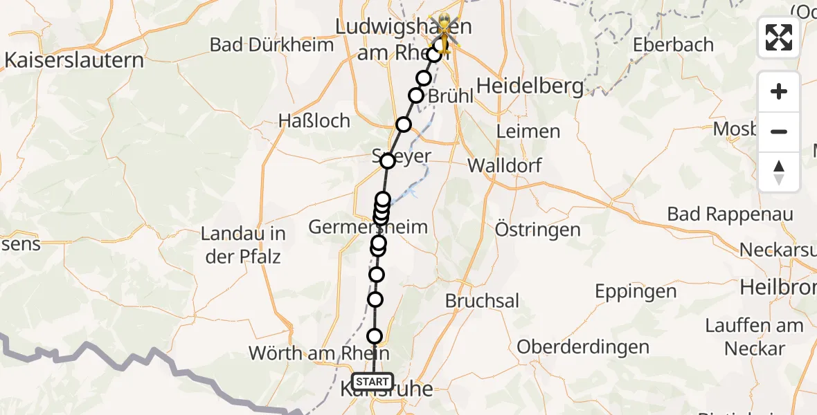 Flugroute Rettungshubschrauber Karlsruhe - Mannheim-City Flughafen, 07 August 2026, 12:15