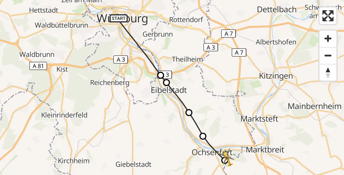 Flugroute Rettungshubschrauber Würzburg - Ochsenfurt Hospital, 07 August 2026, 12:20