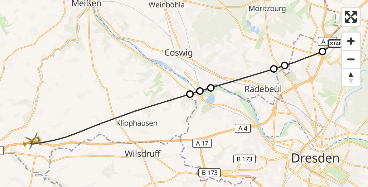 Flugroute Rettungshubschrauber Dresden Flughafen - Klipphausen, 07 August 2026, 12:25