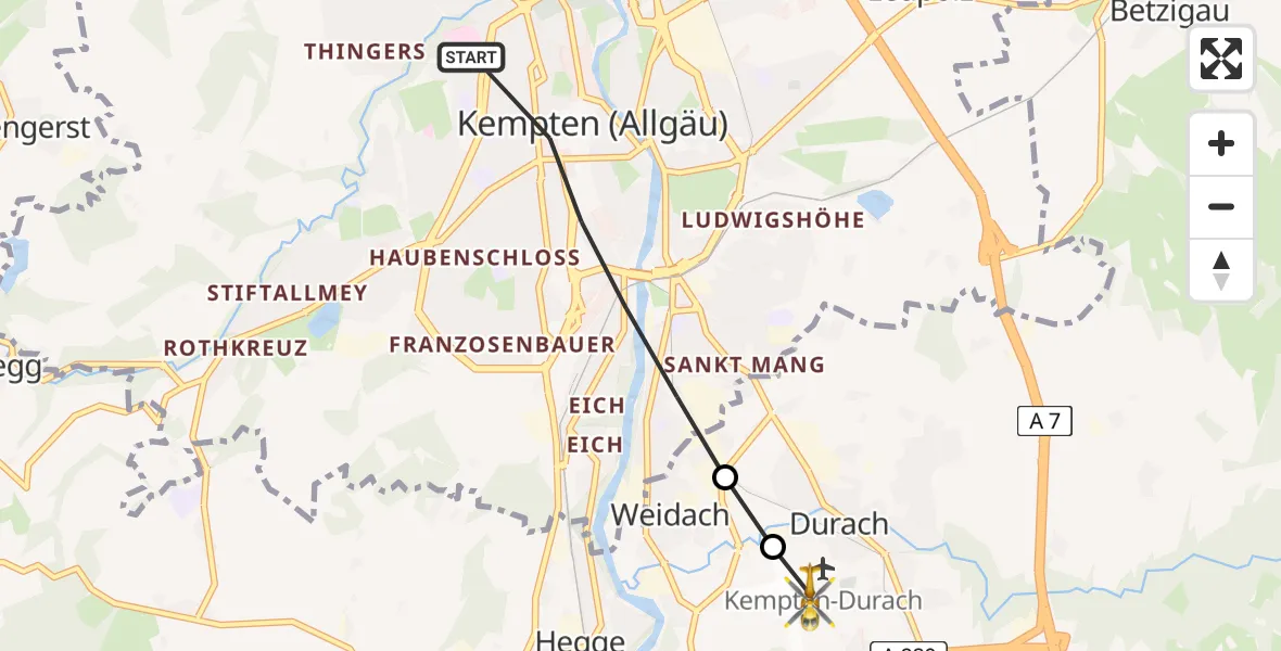 Flugroute Rettungshubschrauber Kempten (Allgäu) - Kempten-Durach Flugplatz, 07 August 2026, 12:31