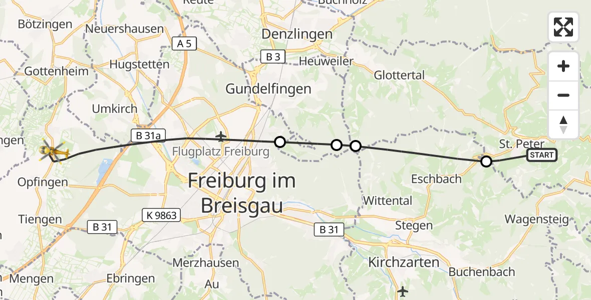 Flugroute Ambulanzhubschrauber St. Peter - Freiburg im Breisgau, 07 August 2026, 12:35