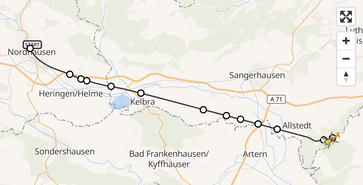 Flugroute Rettungshubschrauber Südharz Hospital Nordhausen - Allstedt, 07 August 2026, 12:36