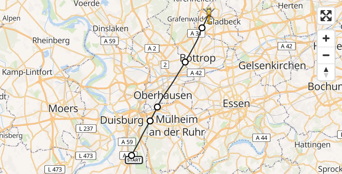 Flugroute Rettungshubschrauber Duisburg Air Rescue Hubschrauberlandeplatz (Christoph 9) - Gladbeck, 07 August 2026, 12:53