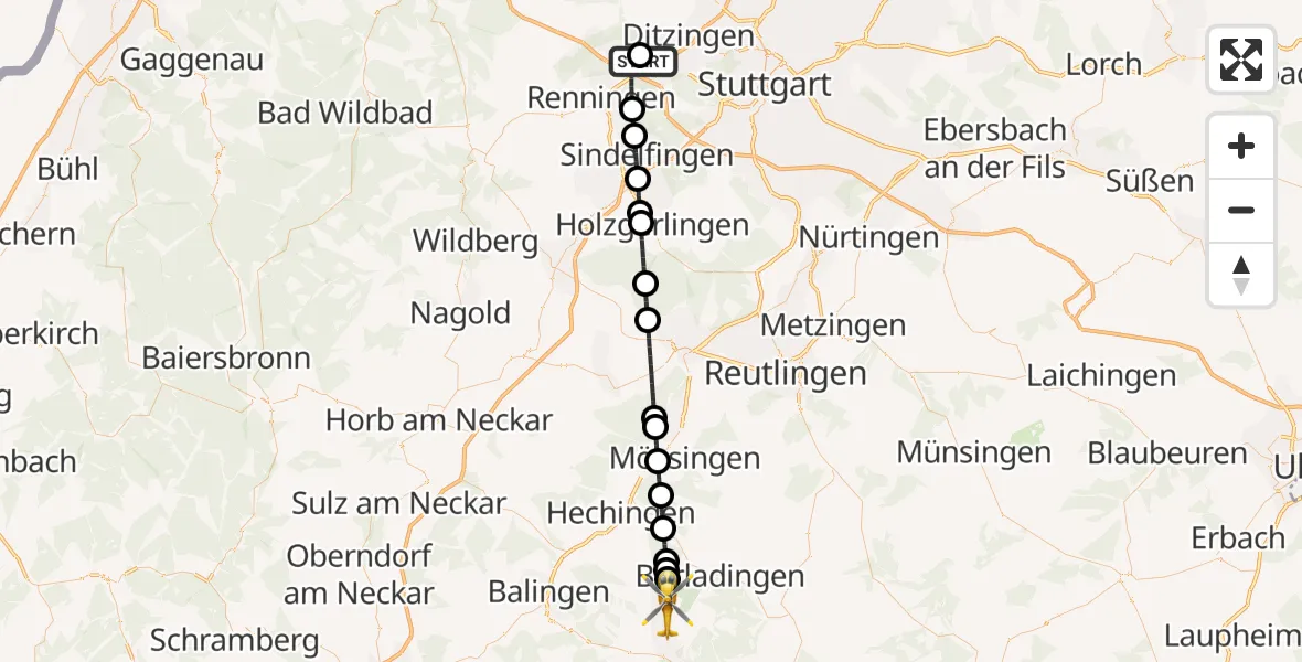 Flugroute Rettungshubschrauber Leonberg Hospital - Albstadt, 07 August 2026, 13:01