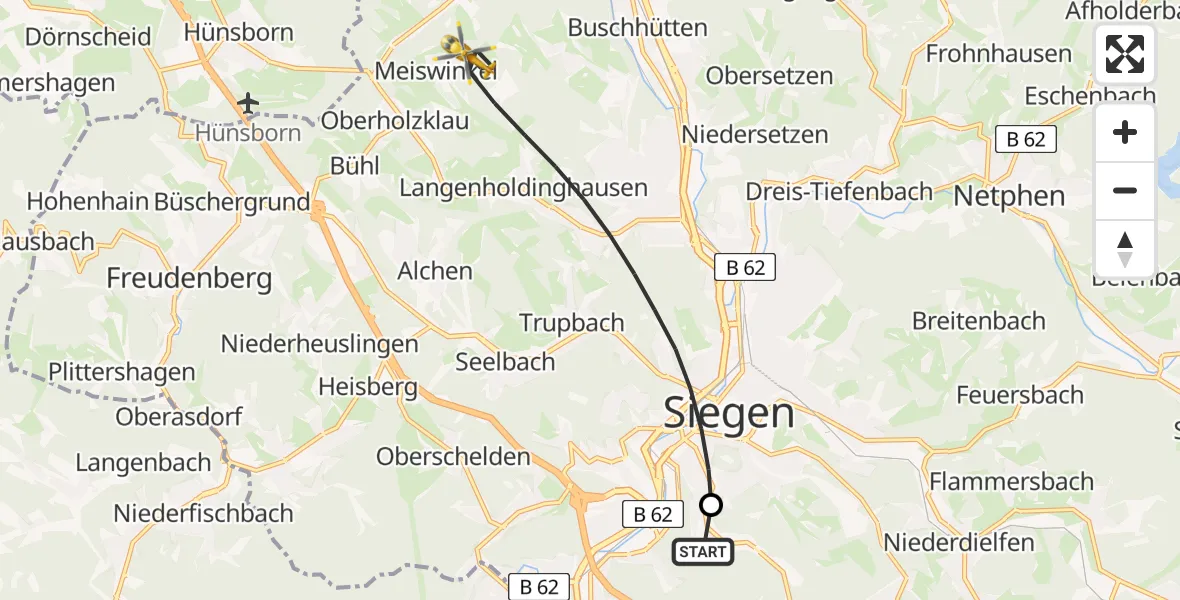 Flugroute Rettungshubschrauber Evangelisches Jung-Stilling Hospital - Siegen, 07 August 2026, 13:06