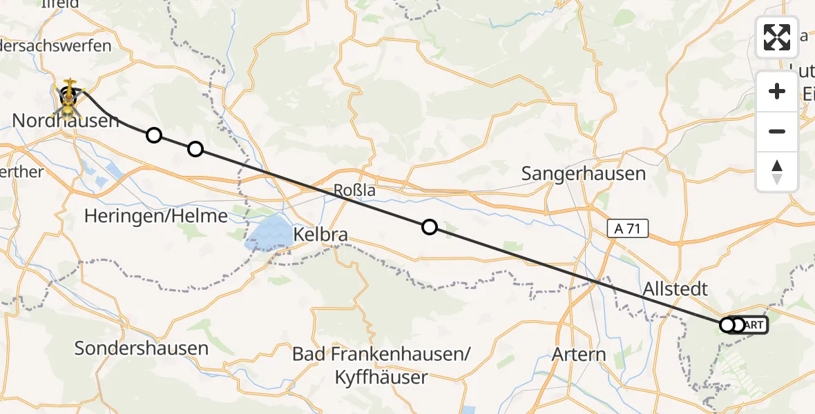 Flugroute Rettungshubschrauber Allstedt - Südharz Hospital Nordhausen, 07 August 2026, 13:18