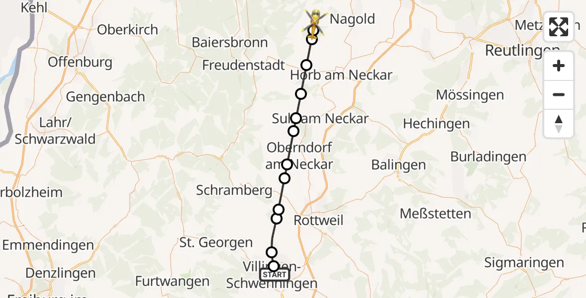 Flugroute Ambulanzhubschrauber DRF Air Rescue Station Villingen-Schwenningen Hubschrauberlandeplatz (Christoph 11) - Pfalzgrafenweiler, 07 August 2026, 13:18