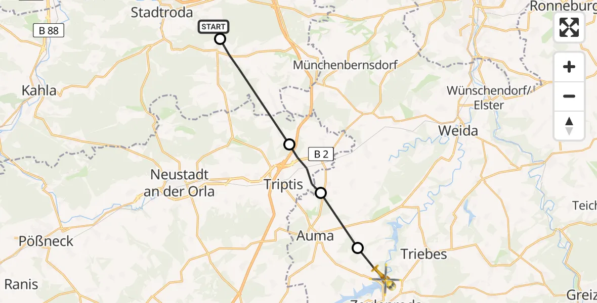 Flugroute Rettungshubschrauber Möckern - Zeulenroda-Triebes, 07 August 2026, 13:25