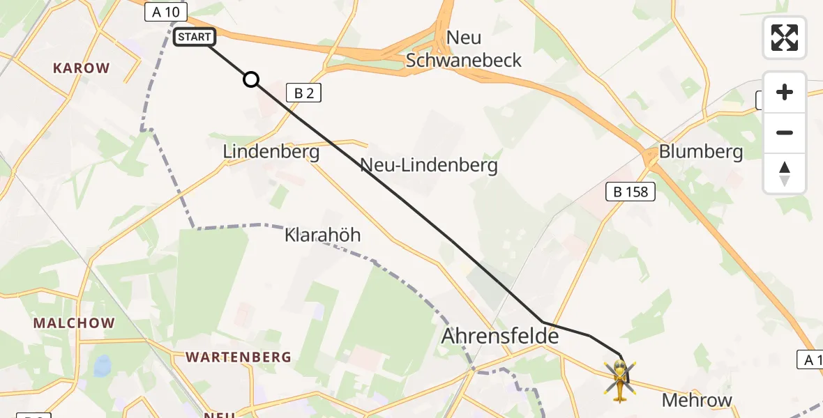 Flugroute Rettungshubschrauber Panketal - Ahrensfelde, 07 August 2026, 13:28