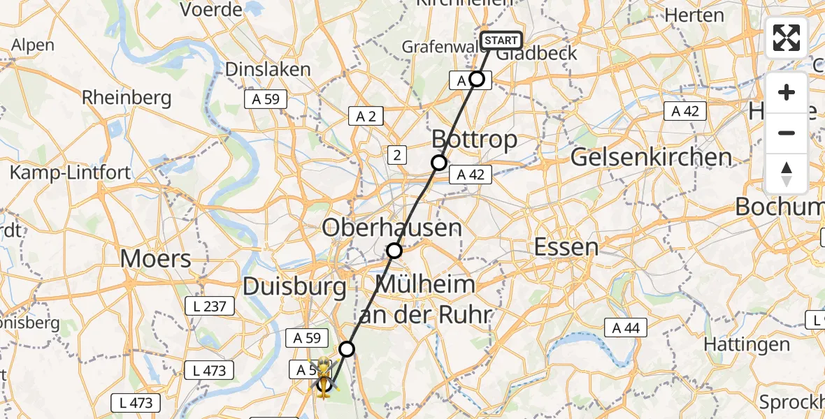 Flugroute Rettungshubschrauber Gladbeck - Duisburg Air Rescue Hubschrauberlandeplatz (Christoph 9), 07 August 2026, 13:40