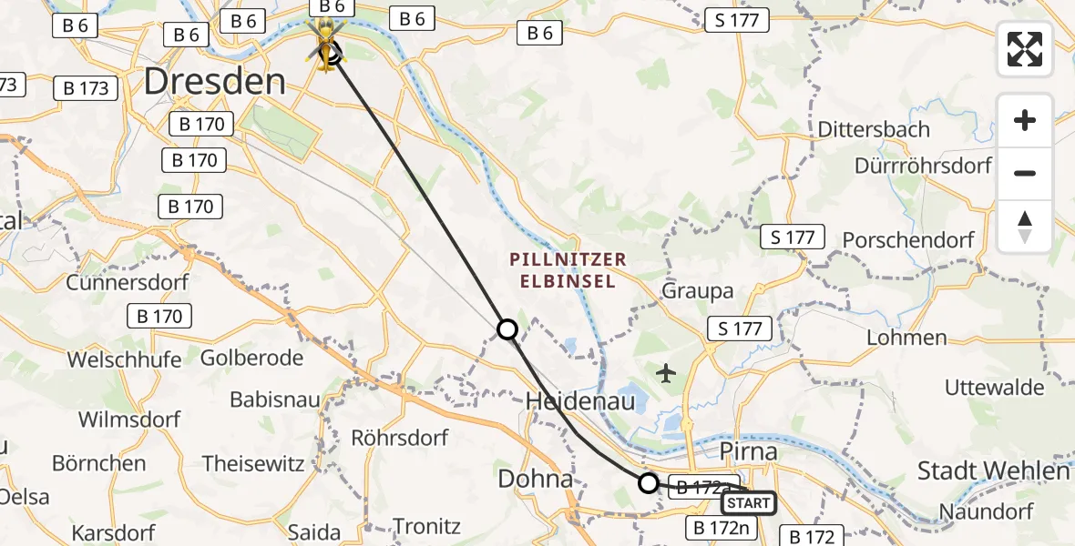 Flugroute Rettungshubschrauber Pirna - Dresden University Hospital, 07 August 2026, 13:46