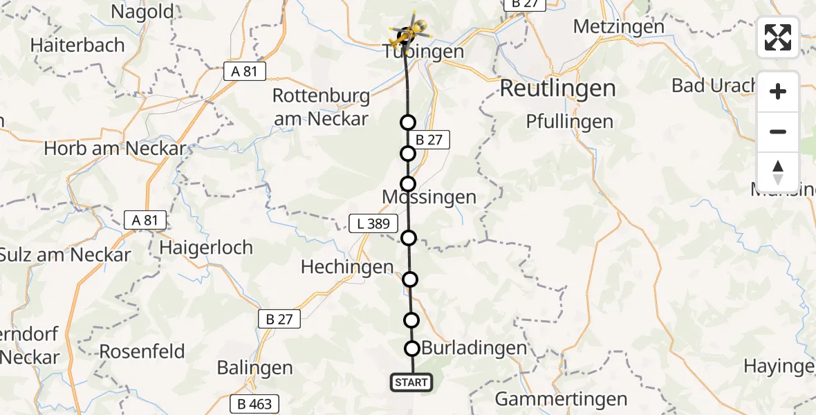 Flugroute Rettungshubschrauber Albstadt - Tübingen Trauma Hospital, 07 August 2026, 13:46