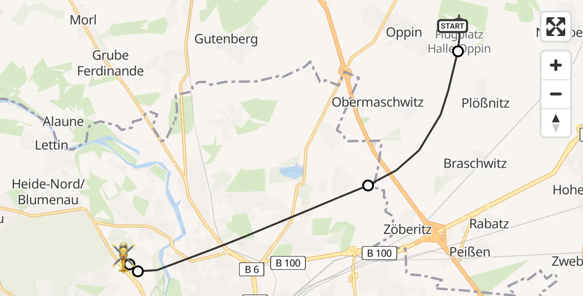 Flugroute Rettungshubschrauber Halle-Oppin Flugplatz - Halle (Saale) University Hospital, 07 August 2026, 13:47