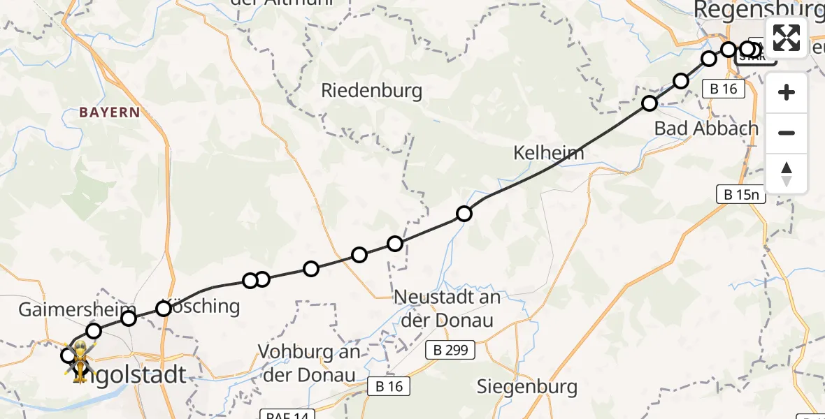 Flugroute Rettungshubschrauber DRF Air Rescue Station Regensburg / Regensburg University Hospital - Ingolstadt Hospital, 07 August 2026, 13:52