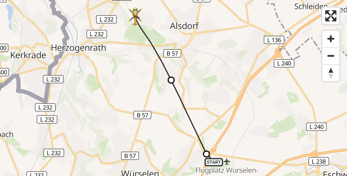 Flugroute Rettungshubschrauber Aachen-Merzbrück Flughafen - Alsdorf, 07 August 2026, 13:54