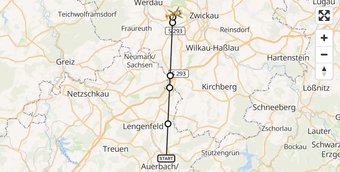 Flugroute Rettungshubschrauber Rodewisch - ADAC Air Rescue Station Zwickau Hubschrauberlandeplatz, 07 August 2026, 13:56