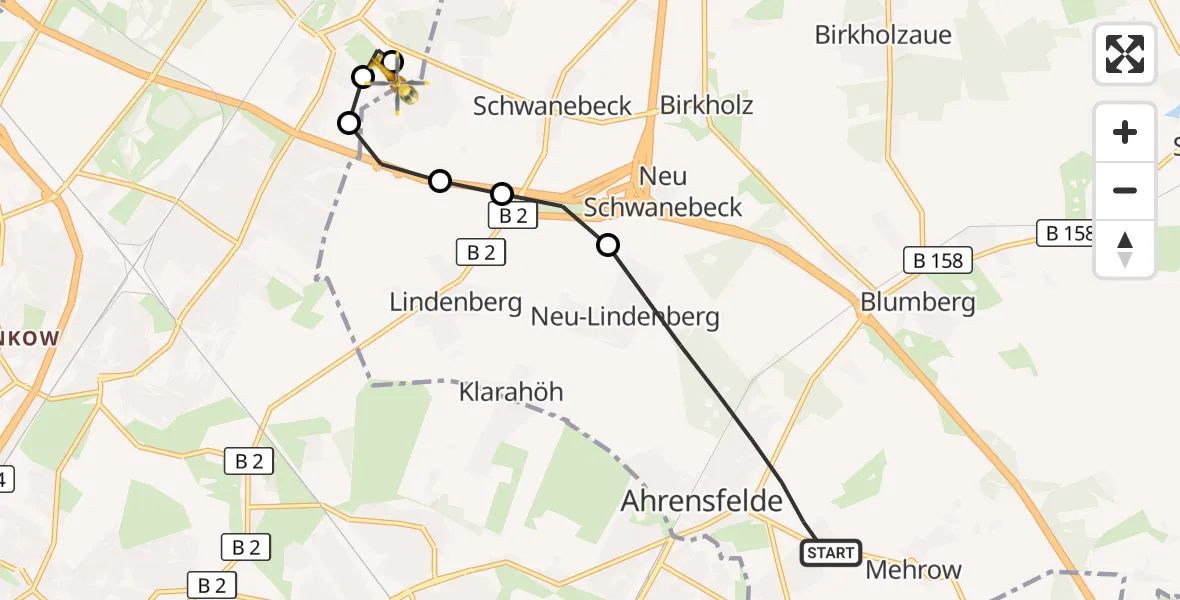 Flugroute Rettungshubschrauber Ahrensfelde - Helios Clinic Berlin-Buch, 07 August 2026, 13:57
