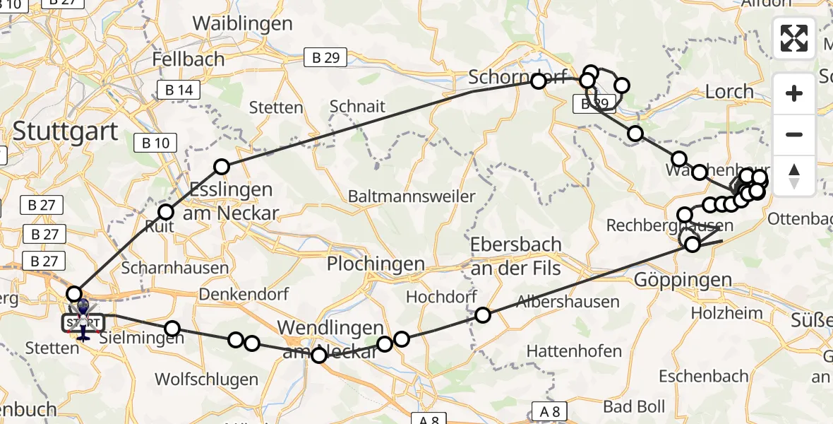 Flugroute Polizeihubschrauber Flughafen Stuttgart - Flughafen Stuttgart, 07 August 2026, 14:05