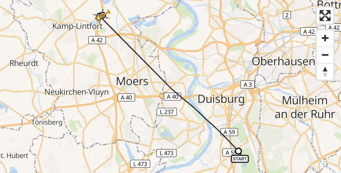 Flugroute Rettungshubschrauber Duisburg Air Rescue Hubschrauberlandeplatz (Christoph 9) - Moers, 07 August 2026, 14:08