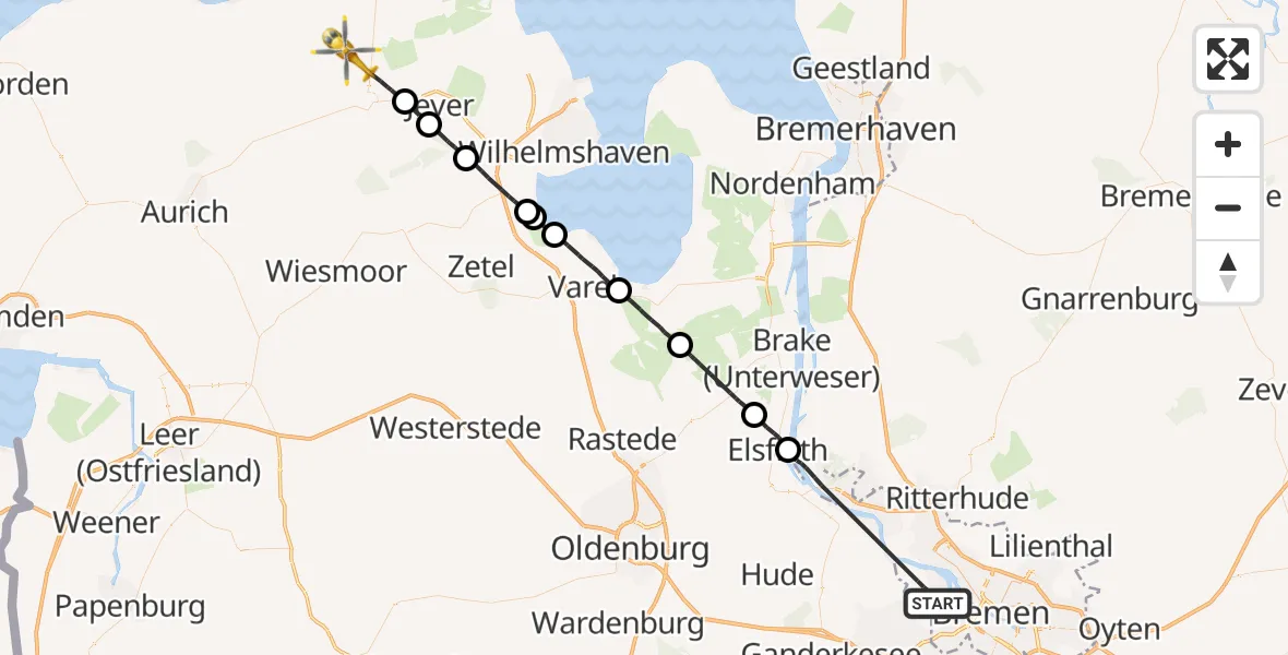 Flugroute Rettungshubschrauber Bremen - Wittmund, 07 August 2026, 14:18