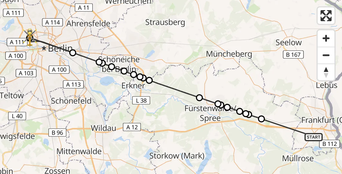 Flugroute Rettungshubschrauber Frankfurt (Oder) - Charité Clinic Virchow Campus Hubschrauberlandeplatz, 07 August 2026, 14:18
