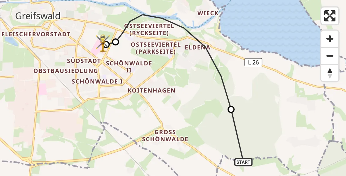 Flugroute Rettungshubschrauber Weitenhagen - Greifswald Hospital, 07 August 2026, 14:23