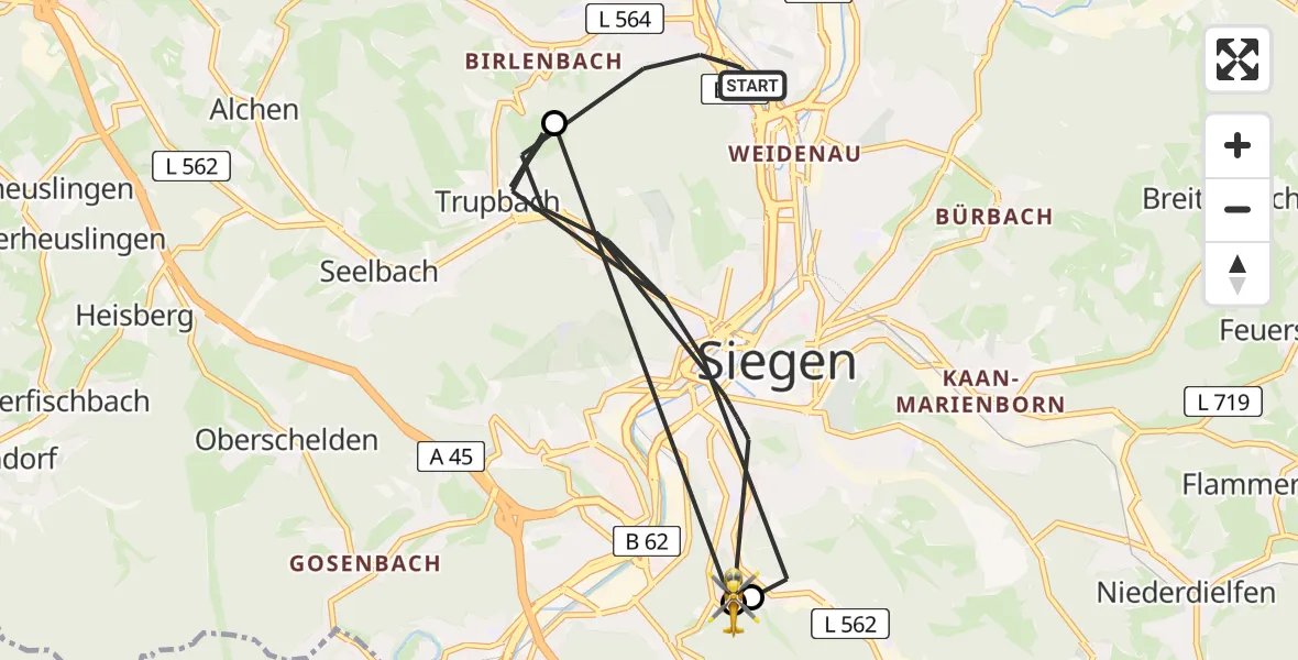 Flugroute Rettungshubschrauber Siegen - Evangelisches Jung-Stilling Hospital, 07 August 2026, 14:24