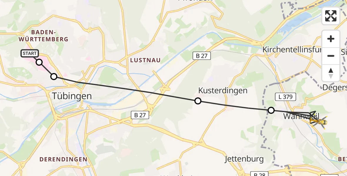 Flugroute Rettungshubschrauber Tübingen Trauma Hospital - Wannweil, 07 August 2026, 14:37