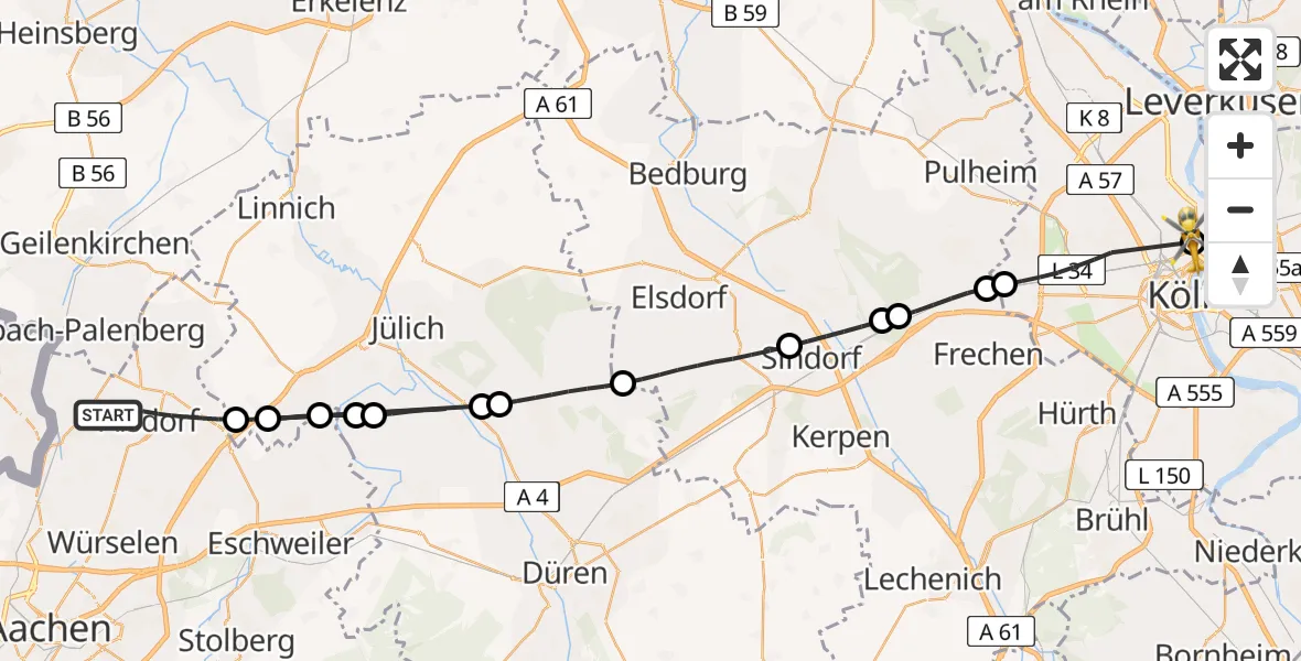 Flugroute Rettungshubschrauber Alsdorf - Amsterdam Street Children's Hospital, 07 August 2026, 14:39