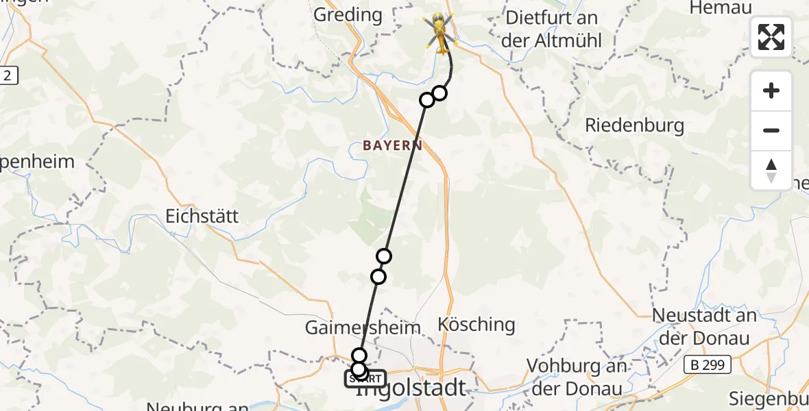 Flugroute Rettungshubschrauber Ingolstadt Hospital - Beilngries, 07 August 2026, 14:49