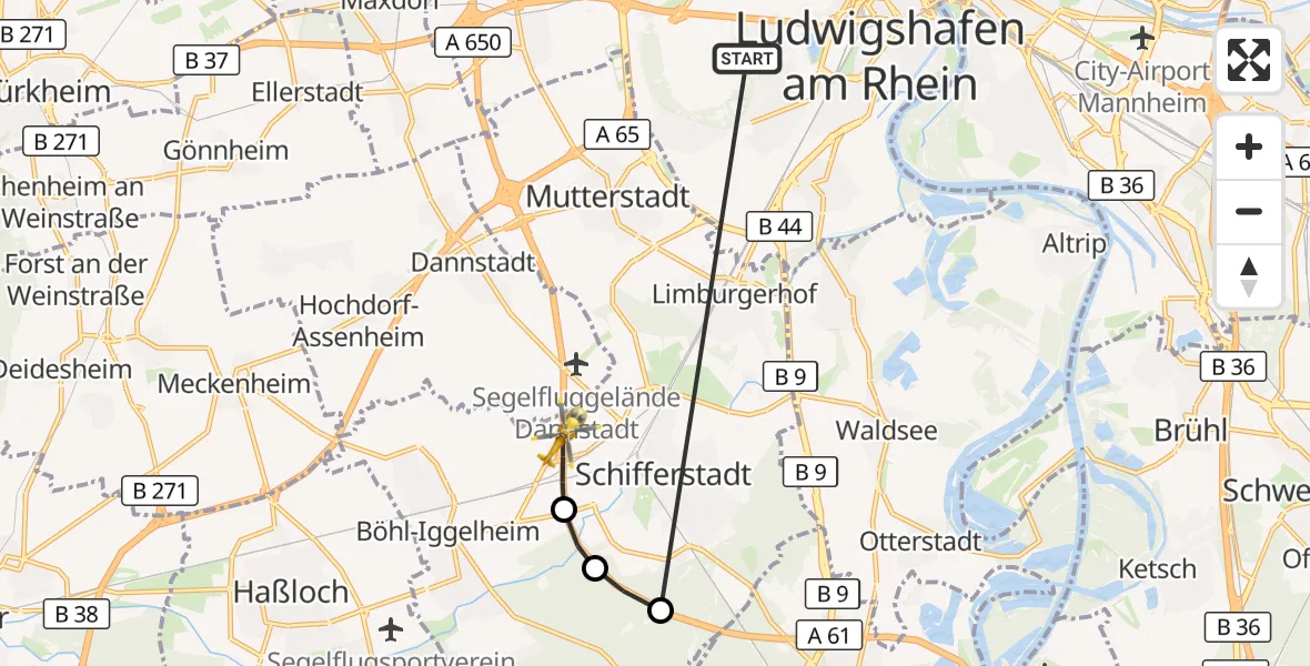 Flugroute Rettungshubschrauber Ludwigshafen am Rhein - Schifferstadt, 07 August 2026, 14:54