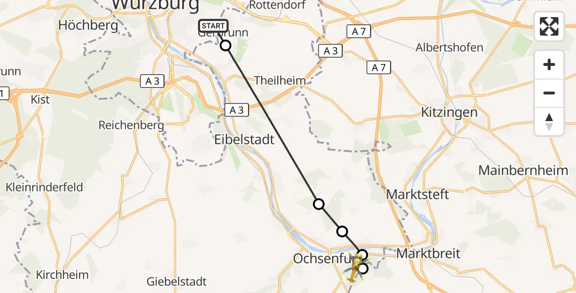 Flugroute Rettungshubschrauber Würzburg - Ochsenfurt Hospital, 07 August 2026, 14:58