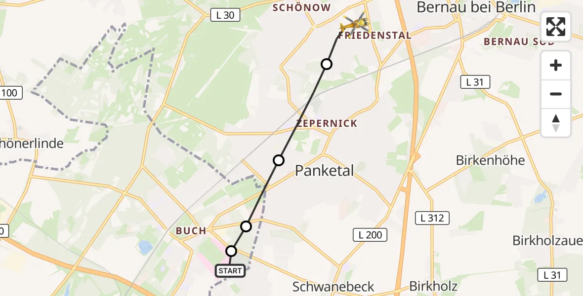 Flugroute Rettungshubschrauber Helios Clinic Berlin-Buch - Bernau bei Berlin, 07 August 2026, 15:05