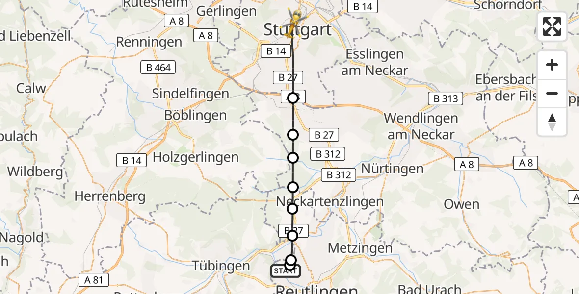 Flugroute Rettungshubschrauber Wannweil - Stuttgart, 07 August 2026, 15:24