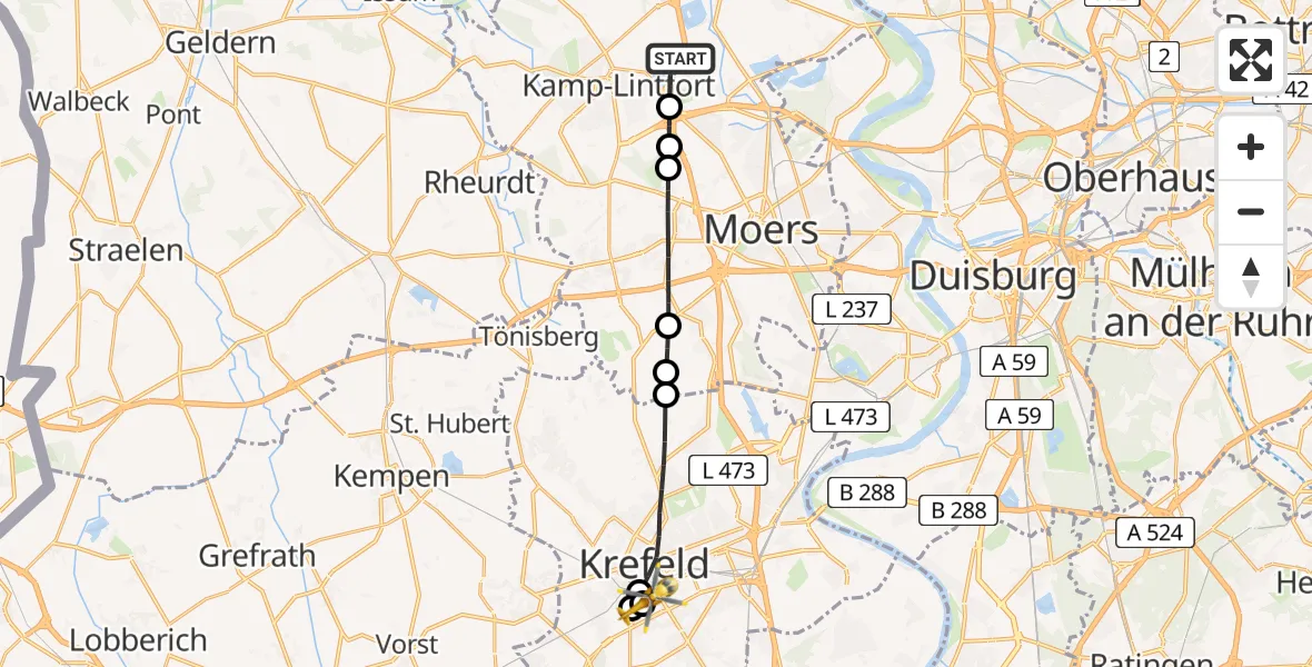 Flugroute Rettungshubschrauber Kamp-Lintfort - Helios Clinic Krefeld, 07 August 2026, 15:24