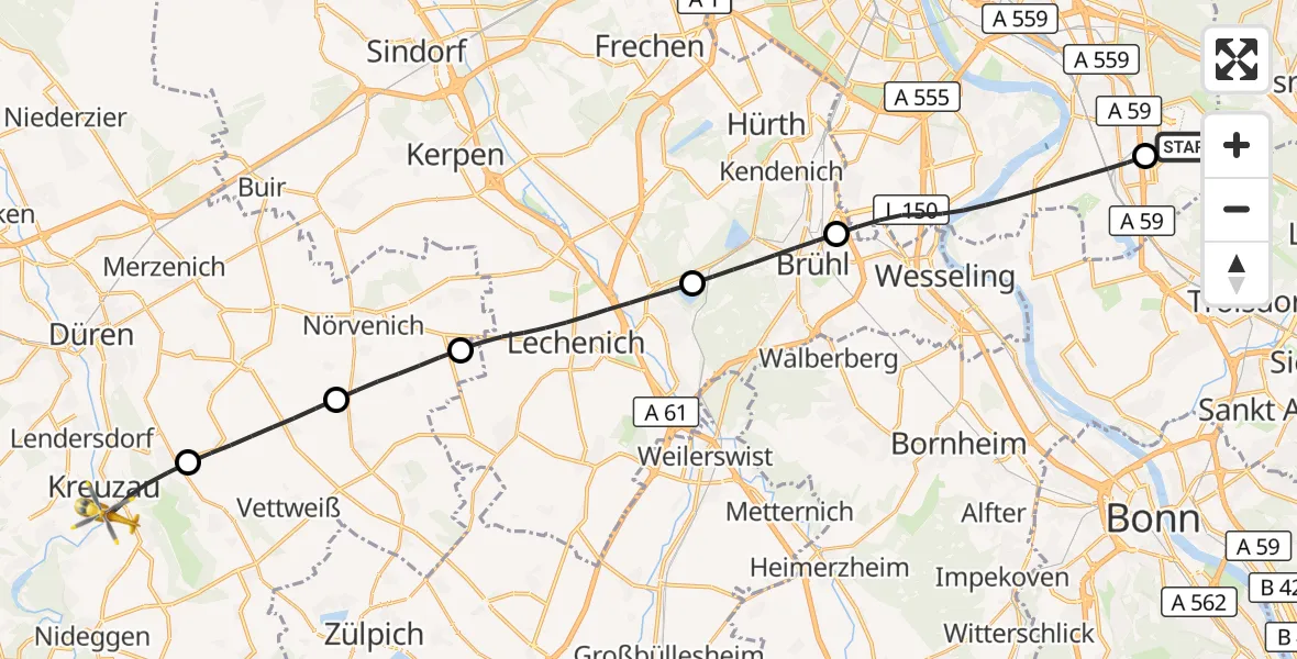 Flugroute Rettungshubschrauber Köln Bonn Flughafen - Kreuzau, 07 August 2026, 15:25