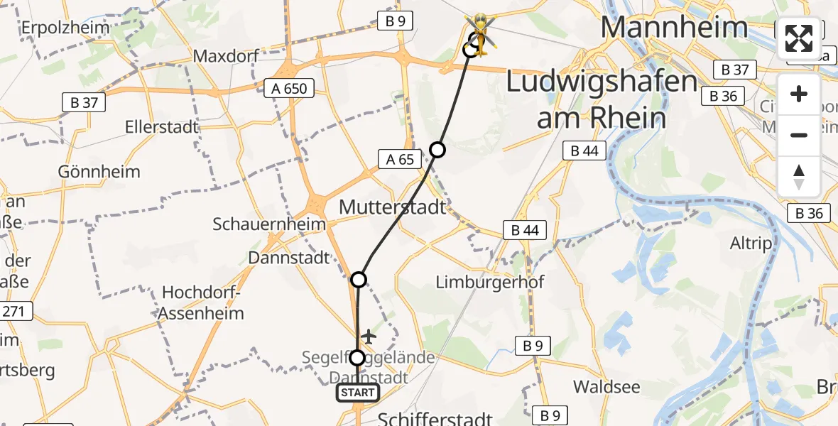Flugroute Rettungshubschrauber Schifferstadt - Ludwigshafen Accident Hospital, 07 August 2026, 15:32