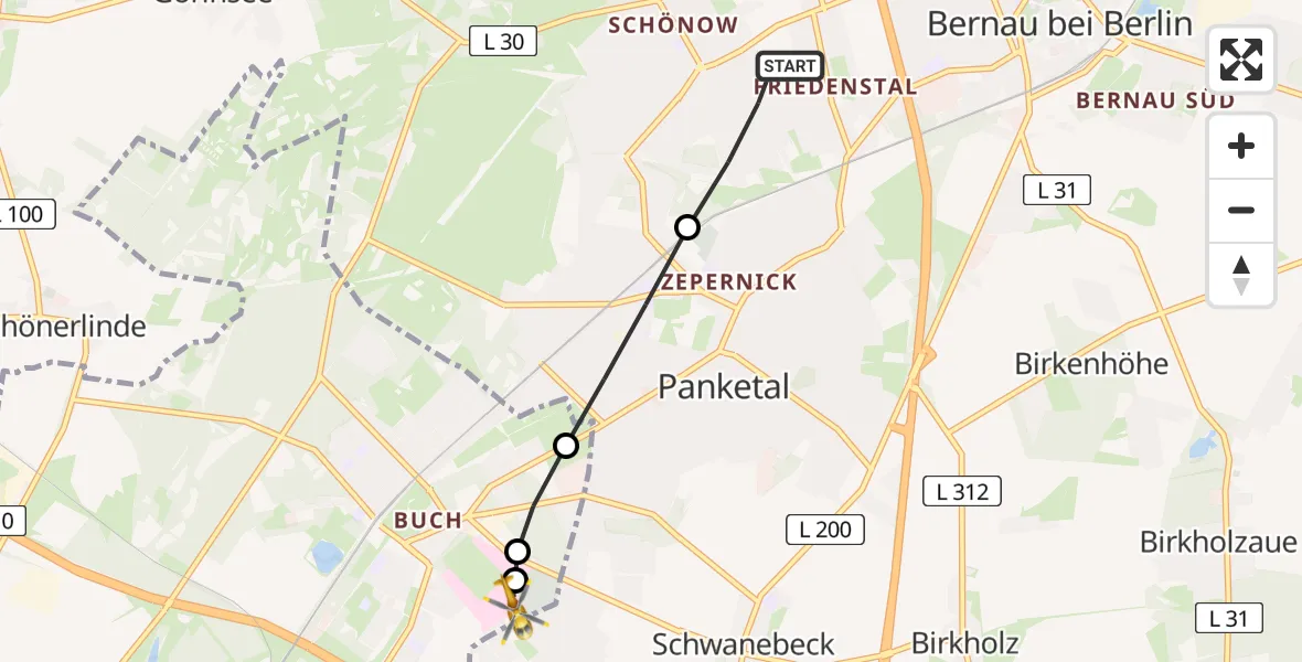 Flugroute Rettungshubschrauber Bernau bei Berlin - Helios Clinic Berlin-Buch, 07 August 2026, 15:33