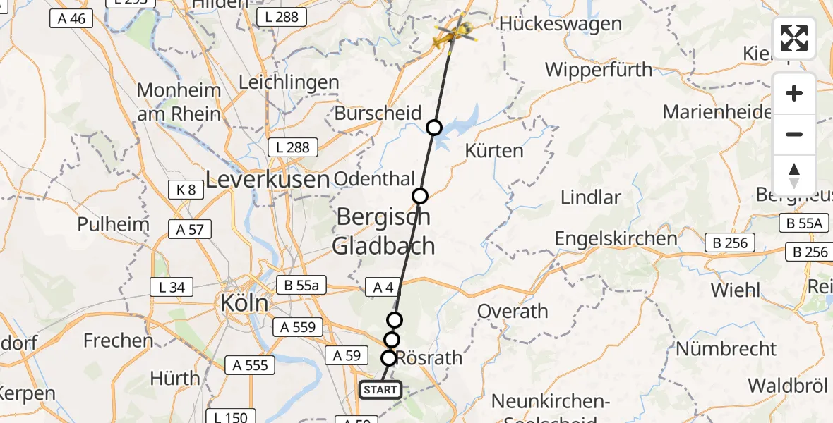 Flugroute Ambulanzhubschrauber Köln Bonn Flughafen - Wermelskirchen, 07 August 2026, 15:34