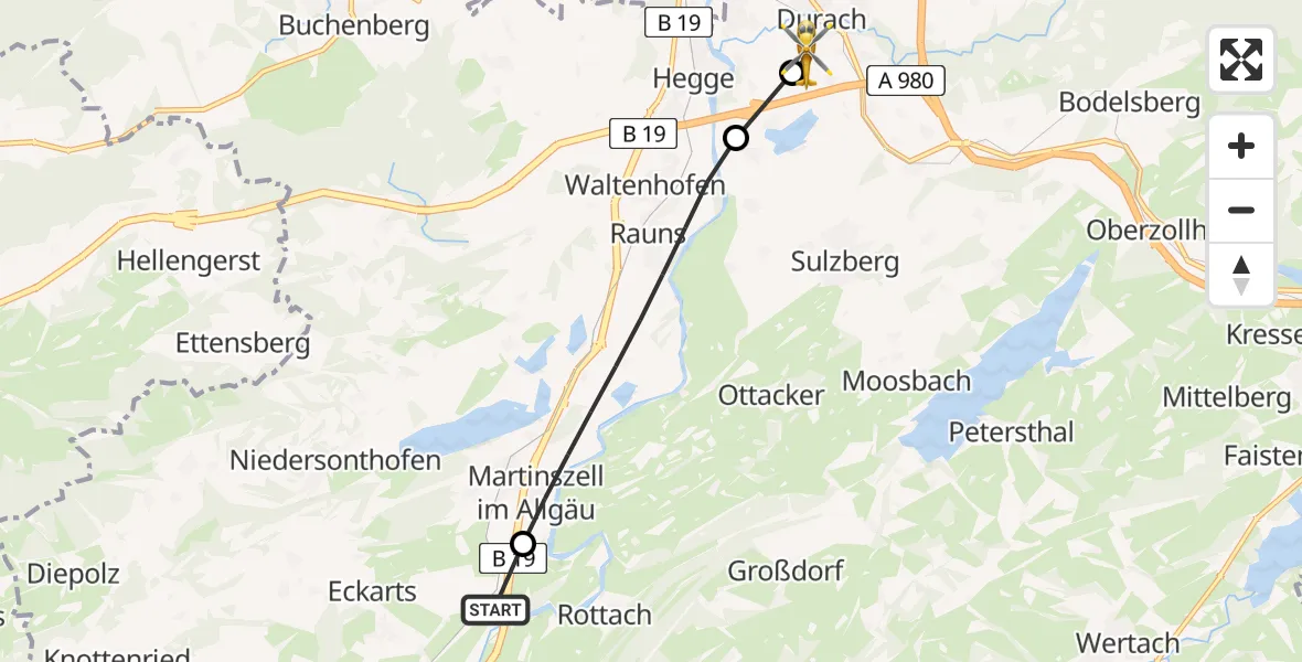 Flugroute Rettungshubschrauber Immenstadt i.Allgäu - Kempten-Durach Flugplatz, 07 August 2026, 15:38