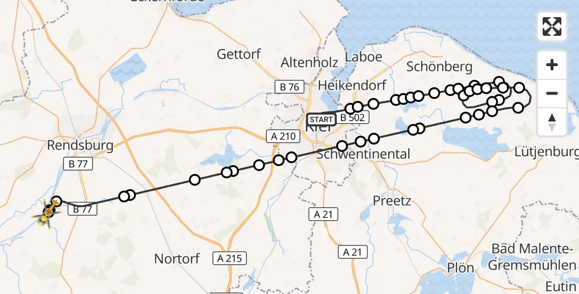 Flugroute Ambulanzhubschrauber Kiel - Rendsburg-Schachtholm Flugplatz, 07 August 2026, 15:41