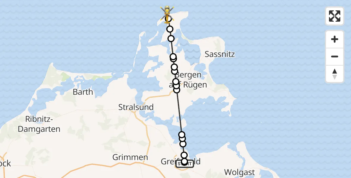Flugroute Rettungshubschrauber Greifswald Hospital - Dranske, 07 August 2026, 15:49