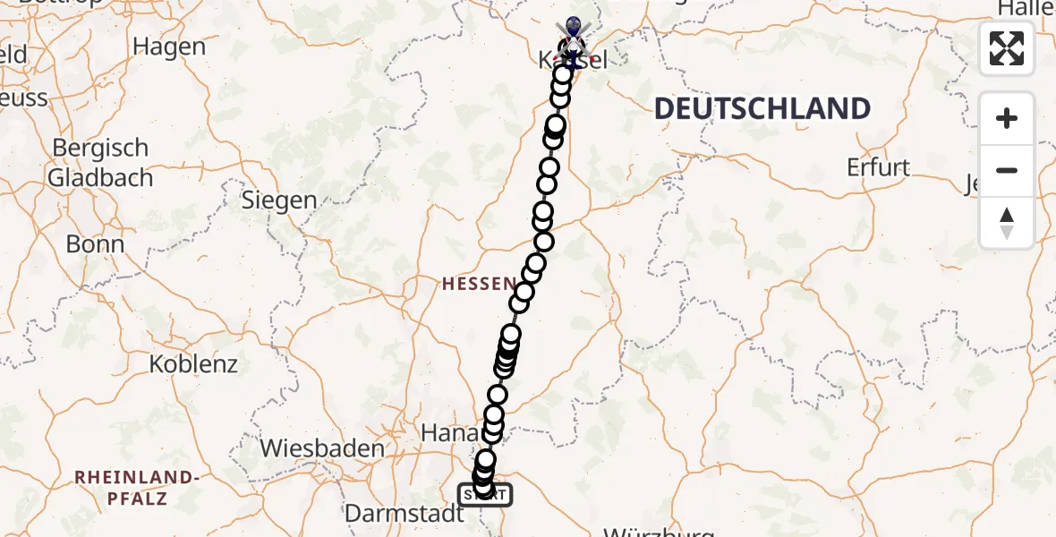 Flugroute Polizeihubschrauber Flugplatz Aschaffenburg - Fuldatal Bundespolizei Hubschrauberlandeplatz, 07 August 2026, 15:52