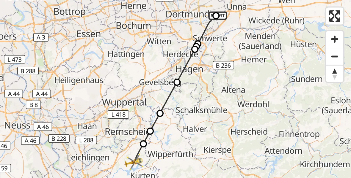 Flugroute Rettungshubschrauber Dortmund Flughafen - Wermelskirchen, 07 August 2026, 15:53