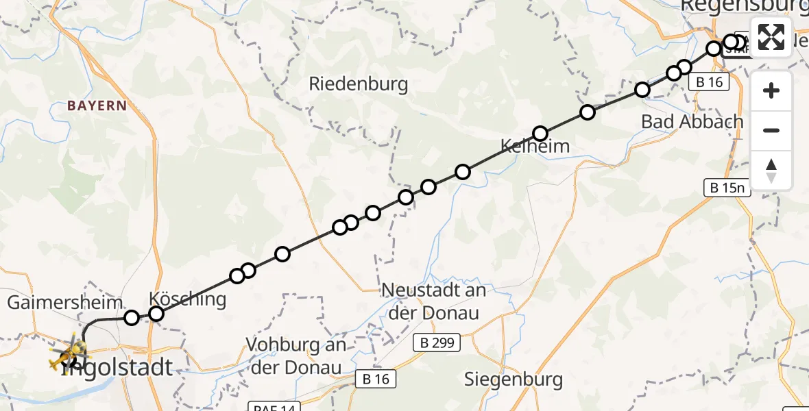 Flugroute Rettungshubschrauber DRF Air Rescue Station Regensburg / Regensburg University Hospital - Ingolstadt Hospital, 07 August 2026, 16:00