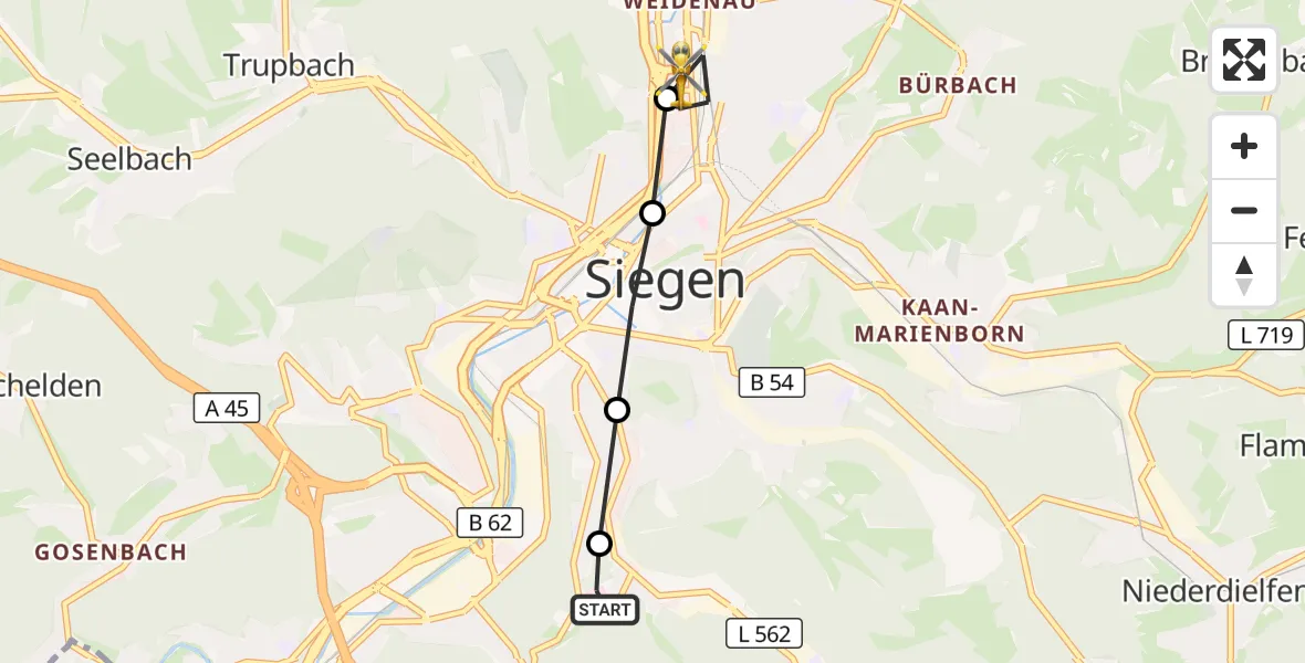 Flugroute Rettungshubschrauber Evangelisches Jung-Stilling Hospital - Siegen, 07 August 2026, 16:00