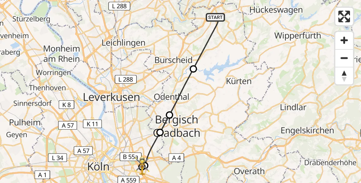 Flugroute Ambulanzhubschrauber Wermelskirchen - Merheim Hospital, 07 August 2026, 16:06